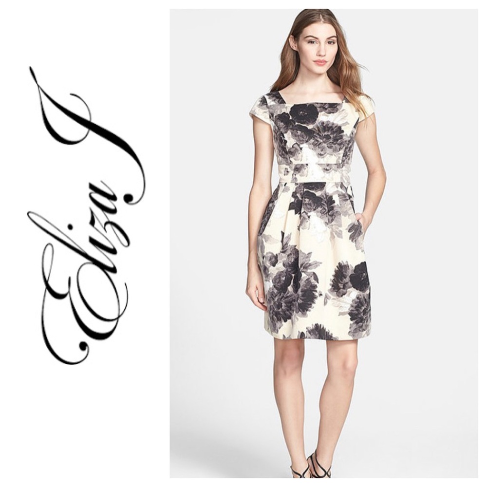 Eliza J Black & Grey Floral Pleated Sheath Dress